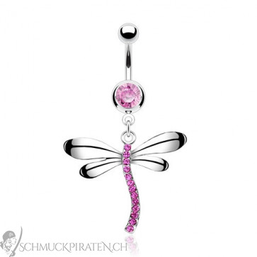 Bauchnabelpiercing Libelle in silber mit rosa Steinen