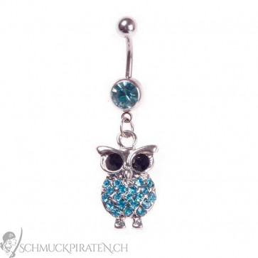 Damen Bauchnabelpiercing in silber mit Eule und blauen Steinen