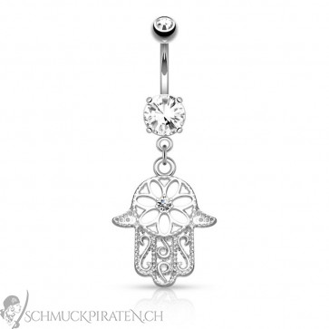 Versilbertes Bauchnabelpiercing mit Hand der Fatima