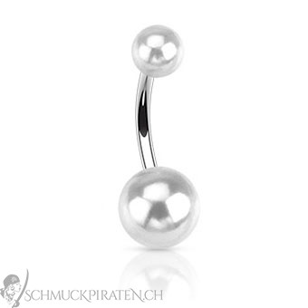 Bauchnabelpiercing in silber mit zwei weissen Perlen