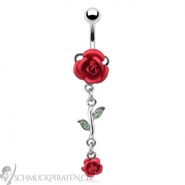 Bauchnabelpiercing in silber mit Rose in rot