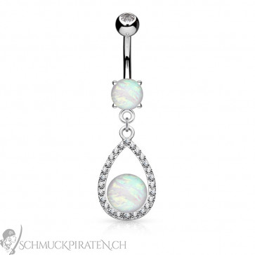 Bauchnabelpiercing oval silber mit Opal Imitat