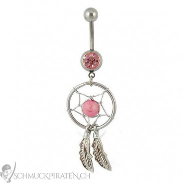 Damen Bauchnabelpiercing in silber und rosa mit Traumfänger