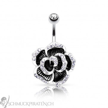 Bauchnabelpiercing in silber mit schwarzer Blume