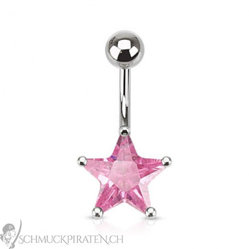 Silbernes Bauchnabelpiercing mit Kristallstein in Sternform in pink