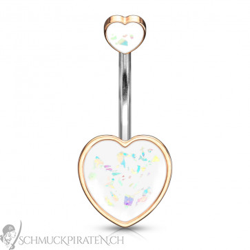 Bauchnabelpiercing "Double Heart" rosegoldfarben mit Glitzeropal transparent-Bild 1