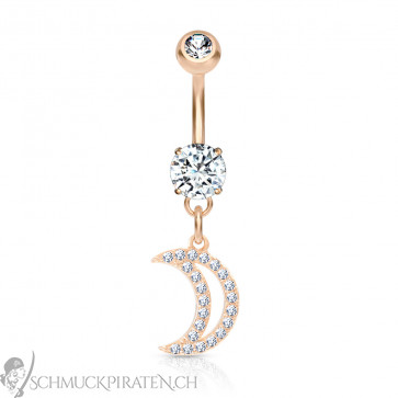 Bauchnabelpiercing "Crystal Moon" rosegoldfarben mit Halbmondanhänger-Bild1