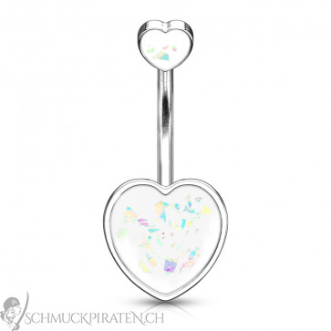 Bauchnabelpiercing "Double Heart" silberfarben mit Glitzeropal transparent-Bild 1