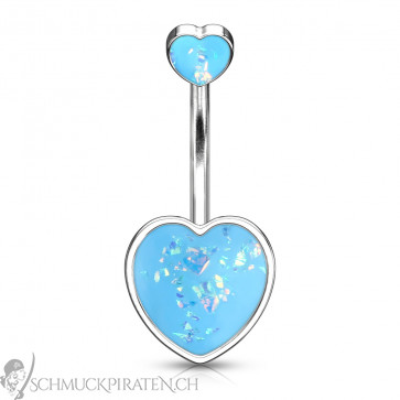 Bauchnabelpiercing "Double Heart" silberfarben mit Glitzeropal blau-Bild 1