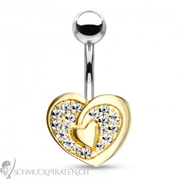 Bauchnabelpiercing "Crystal Heart" Herz mit Kristallen silber-goldfarben-Bild 1