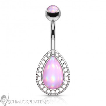 Bauchnabelpiercing "Tear Drop" silberfarben mit holografischem Stein in pink-Bild 1