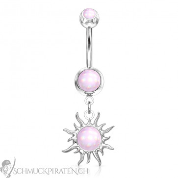 Bauchnabelpiercing Tribal Sun silberfarben mit pinkfarbenem Opal-Bild 1