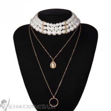 Dreireihige Perlen Halskette goldfarben mit Medaillon und Kreisanhänger-Bild1