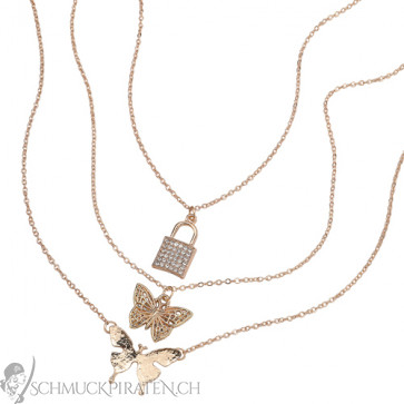 Dreiteilige Damen Halskette "Butterfly" goldfarben mit Schmetterlingsanhängern-Bild1