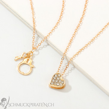Damen Halskette "Key to your Heart" zweireihig goldfarben-Bild1