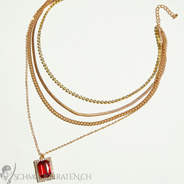 Damen Halskette "Ruby" vierreihig goldfarben mit Rubinsteinanhänger-Bild1