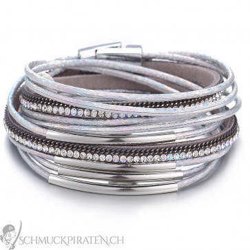 Lederarmband für Damen mehrreihig silberfarben/grau mit Strass-Bild1