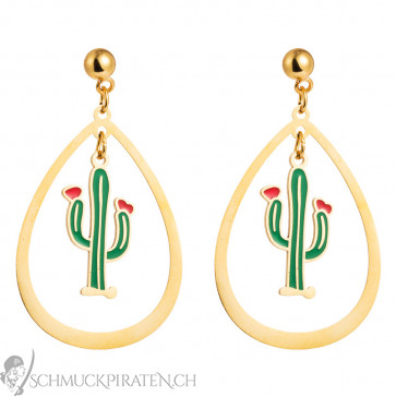 Edelstahl Damen Ohrringe goldfarben oval mit Kaktusanhänger