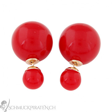 Damen Ohrstecker Doppelte Perle in rot und gold-Zwei Perlen Ohrringe