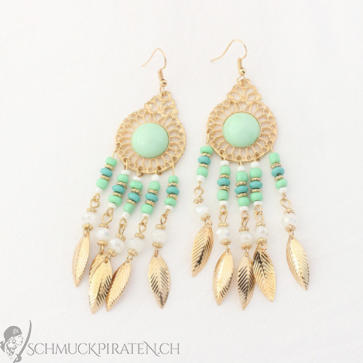 Ohrringe für Damen minzgrün und goldfarben Boho Stil