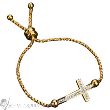 Damen Edelstahl Armband goldfarben mit Zirkonia Kreuz