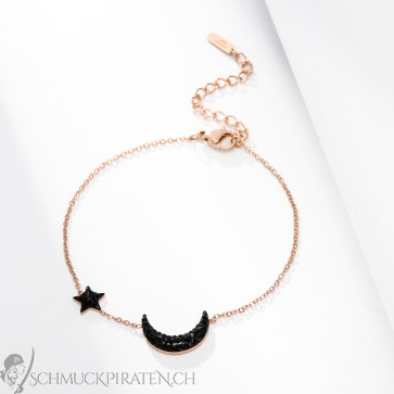 Damen Edelstahl Armband rosegoldfarben mit schwarzem Stern & Halbmond-Bild1