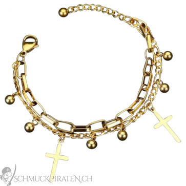 Damen Edelstahl Armband zweireihig goldfarben mit Kreuzanhängern