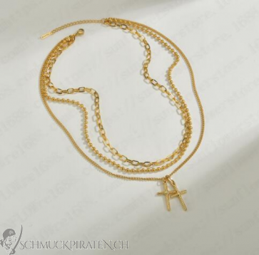 Dreireihige Edelstahl Halskette goldfarben mit Kreuzanhängern