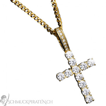 Edelstahl Halskette "Crystal Cross" goldfarben mit Kirstallsteinen1
