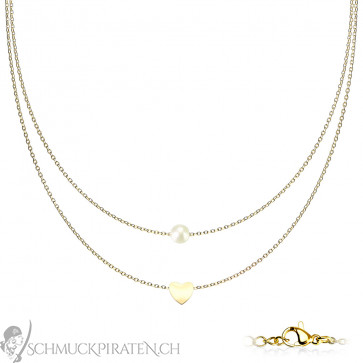 Damen Edelstahl Halskette zweireihig goldfarben mit Herz und Perle