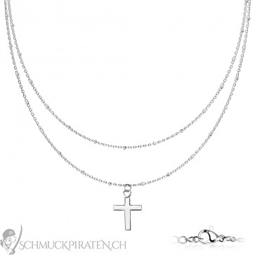 Zweireihige Edelstahl Halskette silberfarben mit Kreuzanhänger