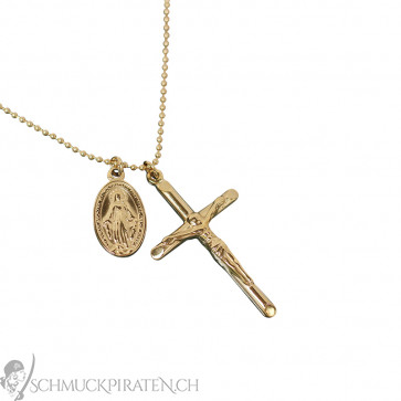 Edelstah Halskettel goldfarben mit Jesus Kreuz und Jungfrau Maria