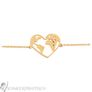 Edelstahl Armband "World Love" goldfarben mit Herz-Weltkartenanhänger