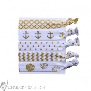 Elastisches Armband Set in weiss und gold mit Anker Anhänger