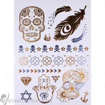 Flash Tattoos-Klebetattoos mit Totenkopf & Federn in silber und gold