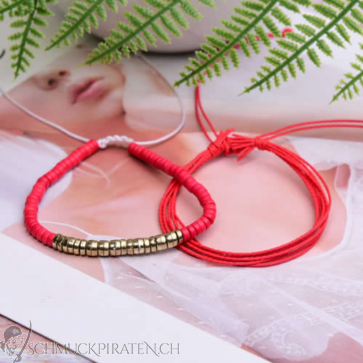 Textilarmband für Damen zweiteilig in rot und gold