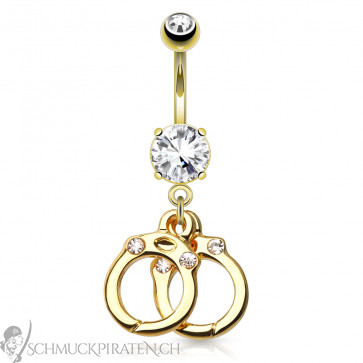 Bauchnabelpiercing goldfarben mit Handschellen und Kristallsteinen