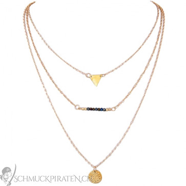 Halskette goldfarben dreireihig mit blauer Perlen Reihe -Bild1