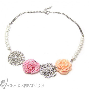Damen Halskette in silber mit Perlen und Rosen-Bild 1