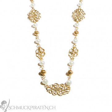 Lange Kette in gold mit Ornamenten und weissen Perlen-Bild 1