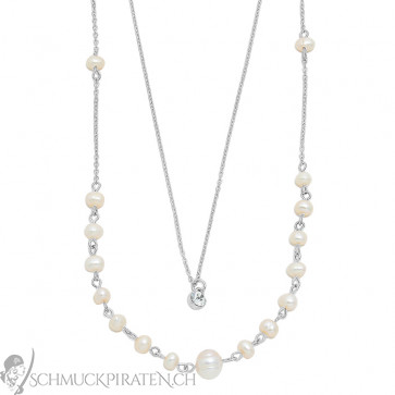 Zweireihige Halskette in silber mit weissen Perlen-Bild 1