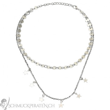 Choker Kette mit silberfarbenen Pailletten und Sternanhänger zweireihig 