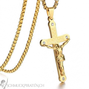 Halskette für Herren aus Edelstahl goldfarben mit Jesus Kreuz