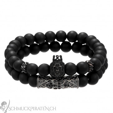 Herrenarmband "Black" zweireihig schwarz mit Löwenkopf und Ornament-Bild1