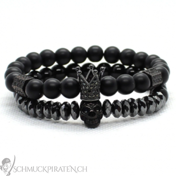 Herrenarmband "Black" zweireihig schwarz mit Totenkopf und Krone-Bild1