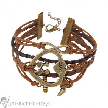 Damen Lederarmband in braun mit Herz- Infinity- und Ankeranhänger-Bild 1