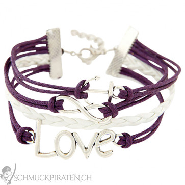 Damen Lederarmband in lila und weiss mit Infinity Zeichen, Anker und Love-Bild 1