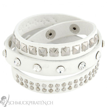 Damen Lederarmband in weiss mit silbernen Nieten und Strass-Bild 1