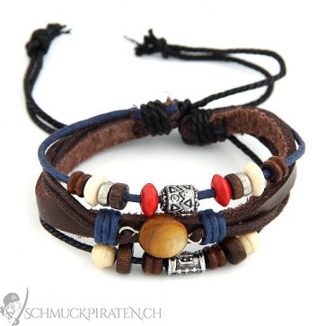 Herren Lederarmband in braun, blau und rot mit Holzperlen-Bild 1