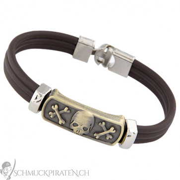 Herren Lederarmband in braun mit Totenkopf Element in gold